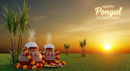 Happy Pongal celebrations with sugarcane, traditional pots, and sunset.
