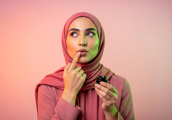 Thoughtful young Muslim woman in pink hijab applying lip balm from jar, considering beauty product concept with colorful studio lighting.