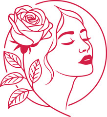 Minimalist illustration of woman's face with rose and leaves on white background