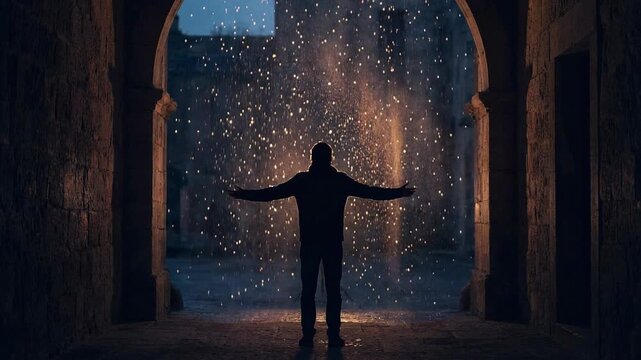 Man in Silhouette Embracing Falling Sparks