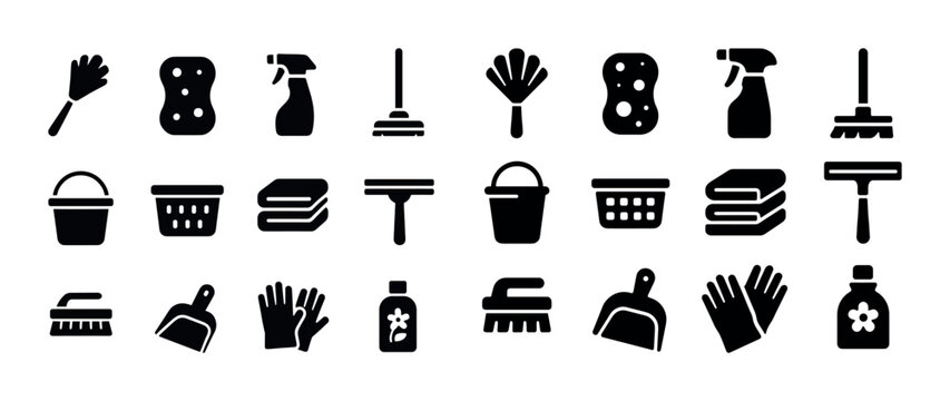 Cleaning equipment icons set: brushes, sponges, buckets, and mor