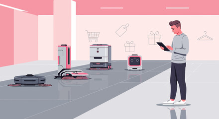 Technological Shopping Experience: A Man Exploring Autonomous Service Robots and Retail Innovations