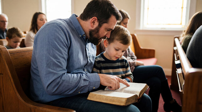 Loving father reading the Bible to his young son during a church service. Christian faith concept symbolizing family values, teaching and spiritual parenting. - Powered by Adobe