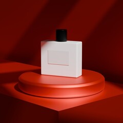 Elegant Perfume on Display: An elegant perfume bottle is featured atop a crimson pedestal, creating a modern and luxurious display