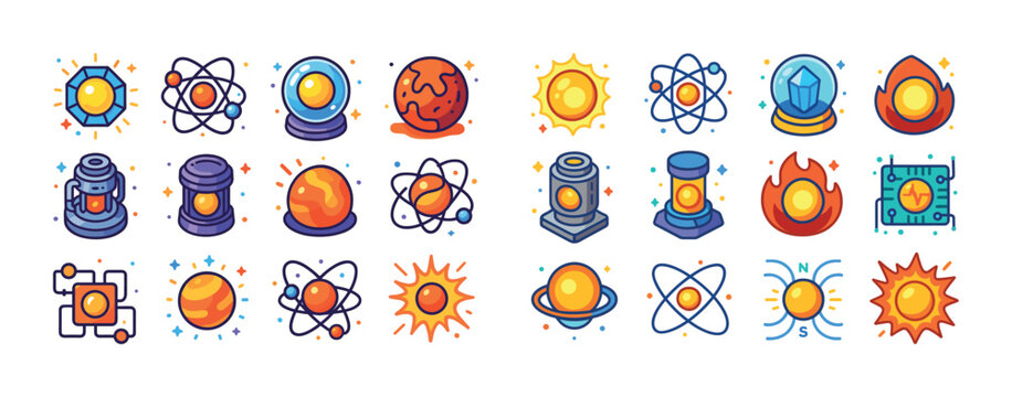 Colorful space and science icons set featuring planets and atomi