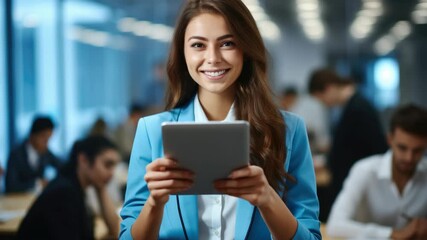 A woman is holding a tablet in her hand. She is smiling and wearing a blue jacket. There are other people in the background, some of whom are wearing ties