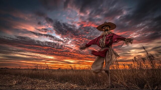 A scarecrow stands against a vibrant sunset sky, embodying rural peace.