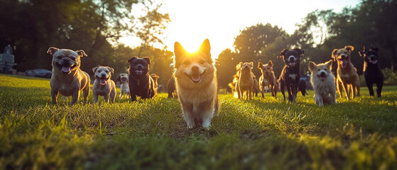 A happy pack of diverse dogs at sunset embodies joy and freedom, perfectly suited as the main background for advertising pet products.