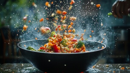The hot dish with bright vegetables and splashes of oil creates a dynamic culinary atmosphere, ideal for the backdrop of healthy eating advertisements or cooking master classes.