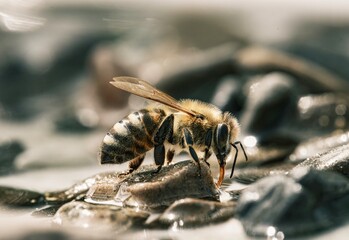 A fuzzy, striped honeybee drinks deeply from water gathered on dark stones. The tiny insect extends...