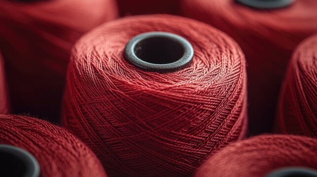 Deep red sewing thread spool with detailed fiber texture close-up