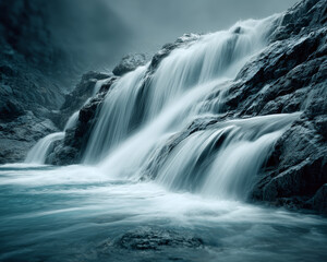Obraz premium Artistic Long Exposure of Silky Smooth Waterfall Flow in Rainforest, Emphasizing Ethereal Motion Blur