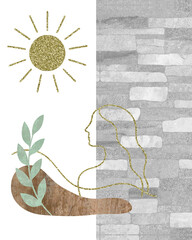 Brick and Gold Textured Boho Abstract Female Silhouette Background &ndash; Daytime Version