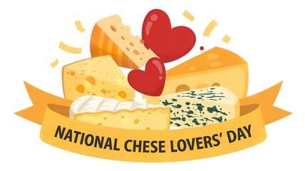 Celebrate national cheese lovers day with assorted cheese wedges hearts and festive confetti in a cheerful graphic design