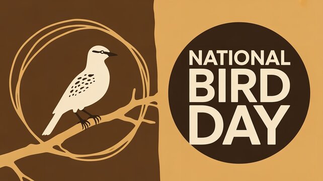 Celebrate national bird day with this stylized graphic featuring a white bird perched on a branch against earthy brown and tan tones - Powered by Adobe