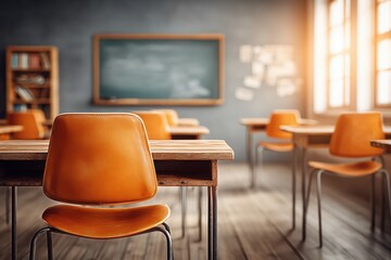 An empty school classroom with desks and chairs arranged neatly, showcasing the interior of an old-fashioned classroom in the morning light.