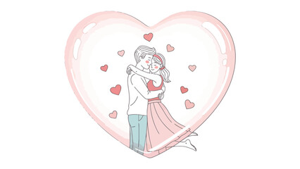 Love's Embrace: A tender illustration depicts a couple locked in a loving embrace, framed by a heart and surrounded by floating symbols of affection. 