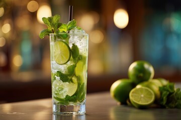 Modern mojito cocktail with lime and mint in a tall glass on a bar counter.