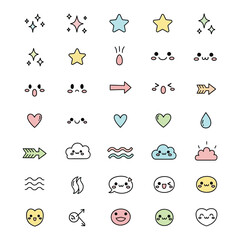 Collection of cute hand drawn kawaii style icons and symbols