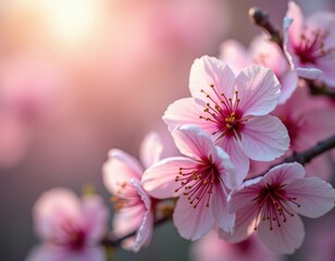 Delicate pink cherry blossoms bloom gracefully, illuminated by soft sunlight, creating a serene and enchanting atmosphere.
