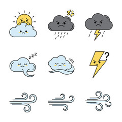 Cute kawaii weather icons with expressive faces