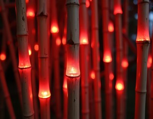 A striking arrangement of illuminated bamboo stalks radiating warm red light, creating a captivating and serene ambiance.