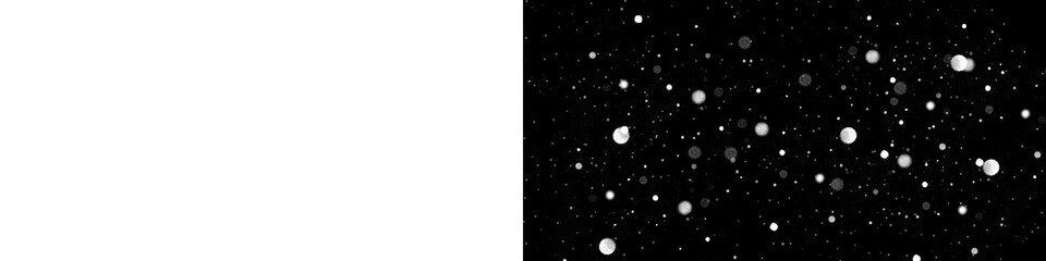 PNG image of Black and white overlay texture featuring falling snow particles and abstract light flares for visual effects on transparent background