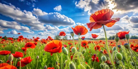 Fototapeta premium Vibrant Red Poppy Flowers in Lush Green Field Under Bright Sky