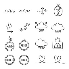 Collection of hand drawn icons representing mental health and wellness concepts