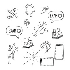 Collection of hand drawn doodles representing education and exams