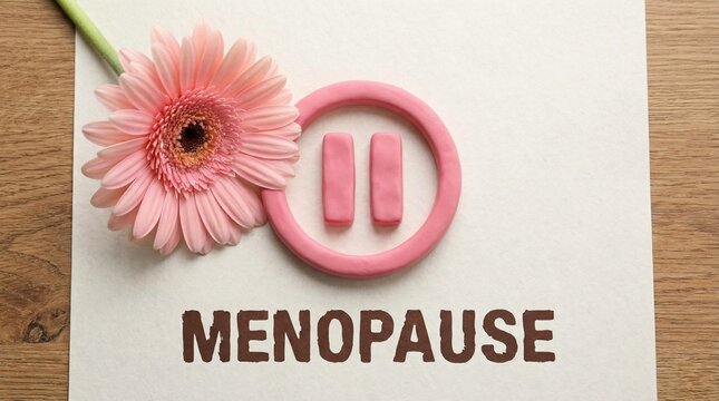 menopause concept with pink pause symbol gerbera daisy flower and text representing women health hormone changes midlife transition reproductive aging and female wellness awareness