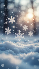 Naklejka premium Magical winter snowfall with snowflakes and glowing bokeh.