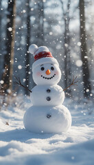 Fototapeta premium Cheerful Snowman in a Winter Wonderland Forest with Falling Snow