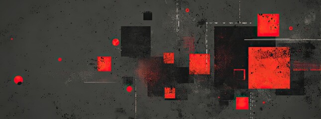 Abstract composition with overlapping black and red squares on a distressed grey background
