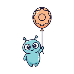 Cute blue alien holding a gear balloon illustration