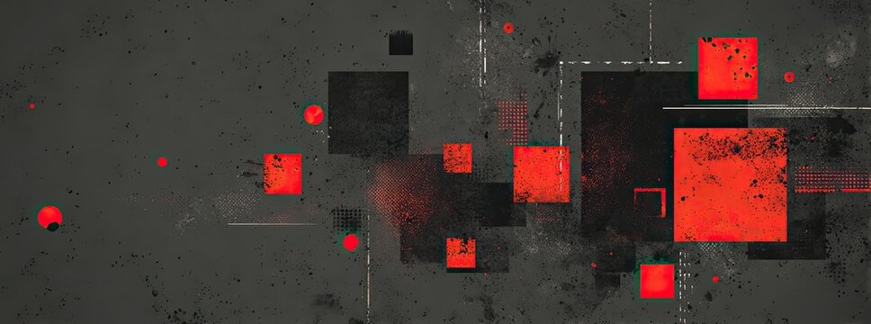Abstract composition with overlapping black and red squares on a distressed grey background - Powered by Adobe