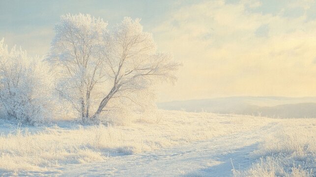 Delicate frost patterns glisten in the morning sunlight during a crisp winter day in a serene landscape