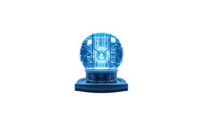 A glowing futuristic orb with complex internal circuits against a stark black backdrop