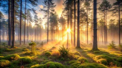 Fototapeta premium Enchanting Morning Light in Lush Forest with Mist and Sunbeams