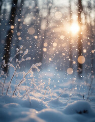 Beautiful winter landscape with snow covered trees and bokeh lights