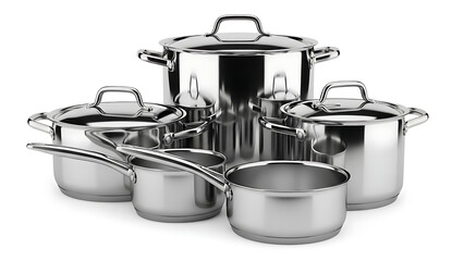 Stainless steel cookware set with multiple pots and pans