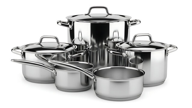 Stainless steel cookware set with multiple pots and pans