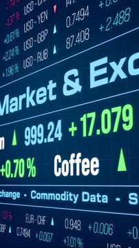 Commodity ticker, prices, trading board, stock market and exchange. Rising oil, natural gas, copper and gold price, invest, risk. Currency rates US Dollar and Euro. 3D animation