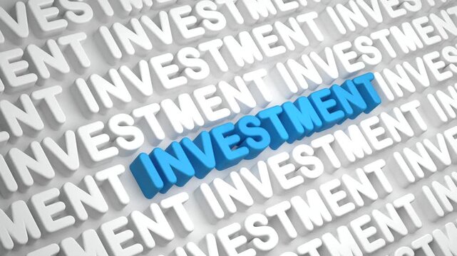 Investment, text in blue and white letters. Wealth, making money, strategy, stock market concept. 3D animation