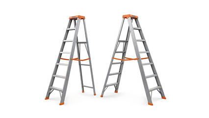 Two silver and orange step ladders standing upright