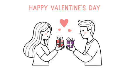 Valentine's Gift Exchange: A tender depiction of a couple exchanging gifts, their hearts aligned, symbolizing the essence of affection and the sweetness of love on Valentine's Day.