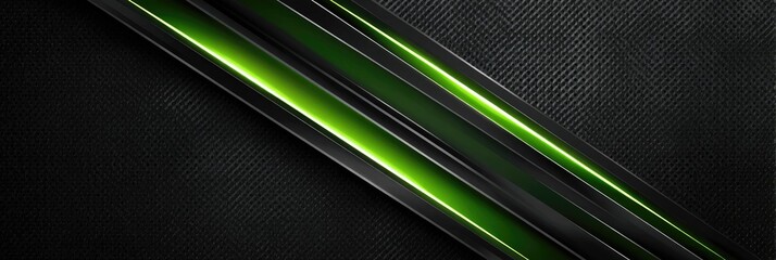 Abstract design with black textured background, neon green stripes. Metallic details. Diagonal lines