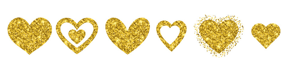 Gold Glitter Heart Love Shape set isolated on transparent background