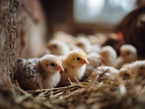 Mixed sex poultry chicks resting on straw near wooden wall inside barn. Dual purpose poultry breeding system in small scale indoor farm environment
