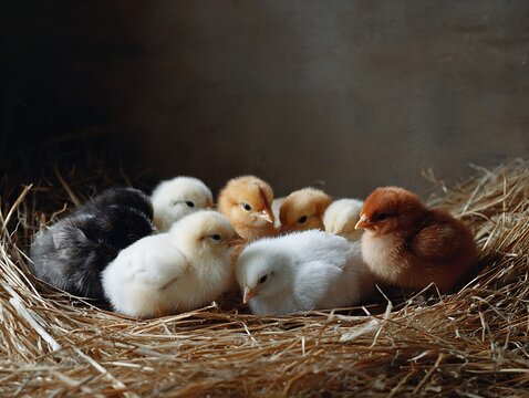 Group of dual purpose poultry chicks resting together on straw bedding inside farm barn. Mixed sex chicks in non industrial poultry breeding system